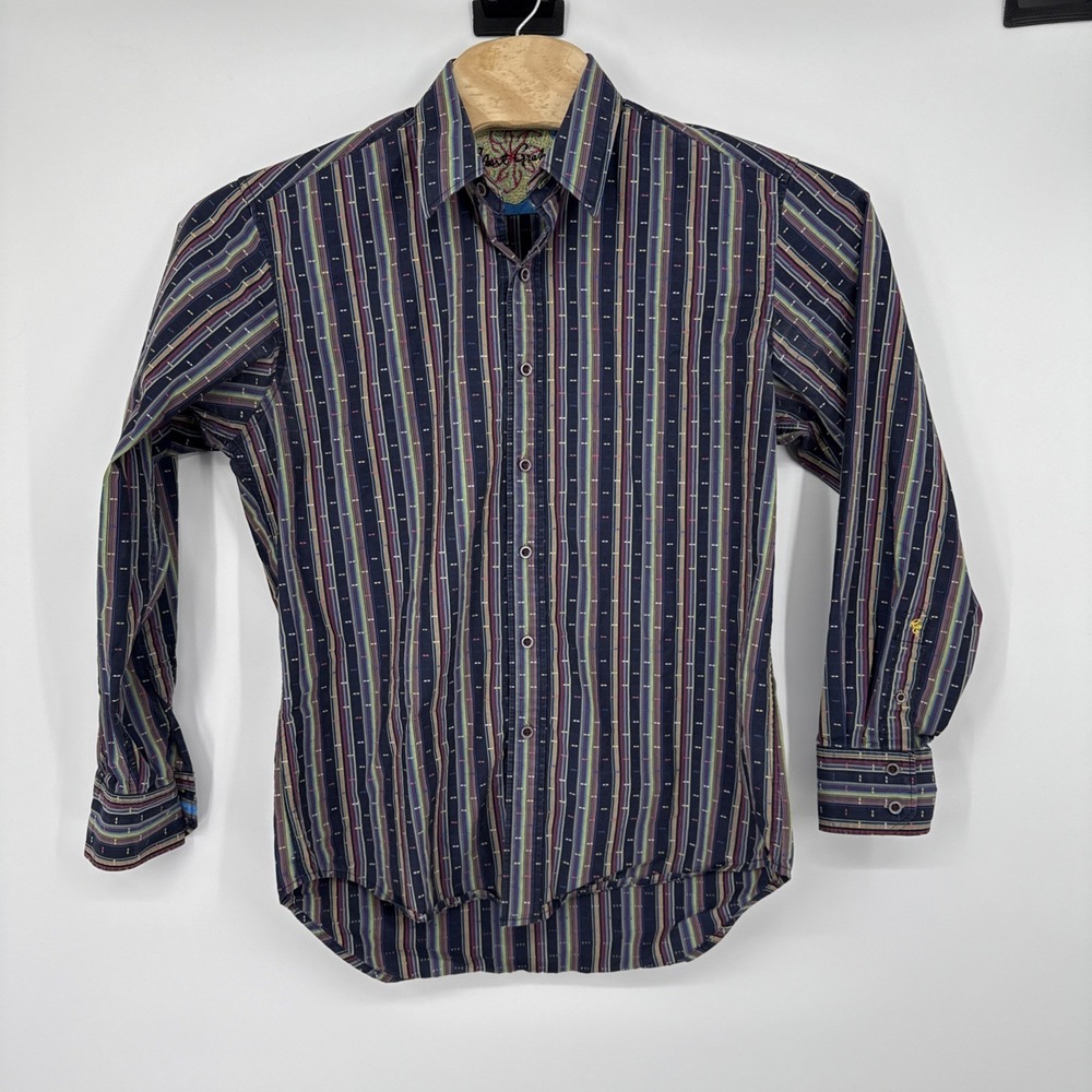 Robert Graham Blue Geometric Pattern Multicolor Embroidered Striped Men's Large